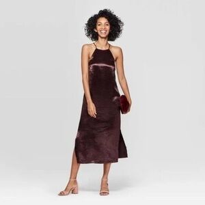 A New Day Dark Red Brown Satin Sleeveless Midi Slip Dress